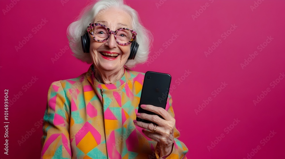 Fototapeta premium Cheerful Elderly Woman Using Smartphone in Colorful Studio Setting