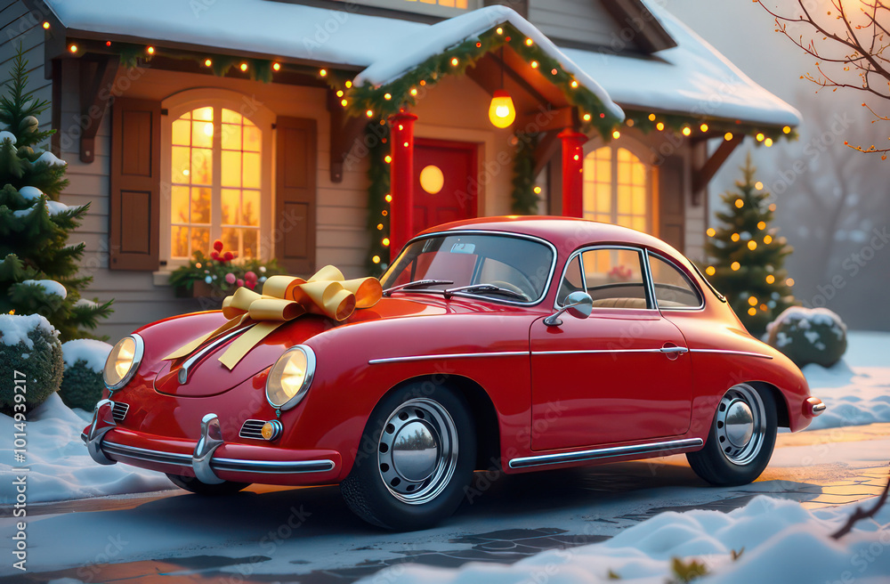 A beautiful red car, tied with a large golden bow, stands in front of a house decorated with New Year's decorations A beautiful red car, tied with a large golden bow, stands in front of a house decorated with New Year's decorations