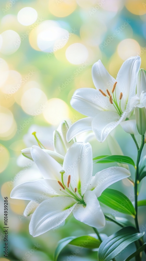 Fototapeta premium white lily flowers with delicate blurred nature background