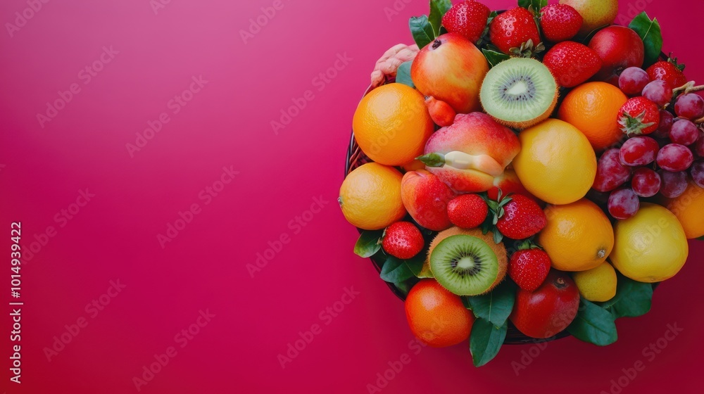 Fresh Fruit Basket on Pink Background Fresh Fruit Basket on Pink Background