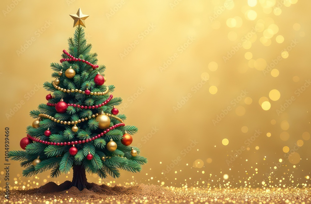 Christmas tree on a gold background with garlands and bokeh, copy space right Christmas tree on a gold background with garlands and bokeh, copy space right