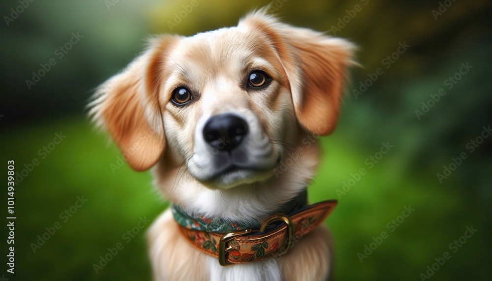 A close-up of a friendly dog with a collar, set against a blurred green background. A close-up of a friendly dog with a collar, set against a blurred green background.