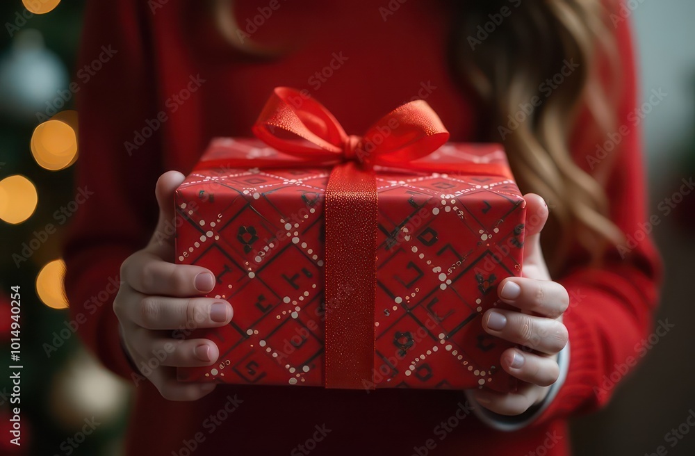 view on a girl hands gripping a large bright Christmas gift over a festive background view on a girl hands gripping a large bright Christmas gift over a festive background
