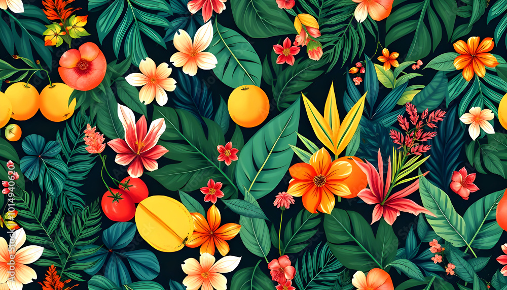 Seamless flower, leaf and fruits with abstract pattern clothing design background. Seamless flower, leaf and fruits with abstract pattern clothing design background.