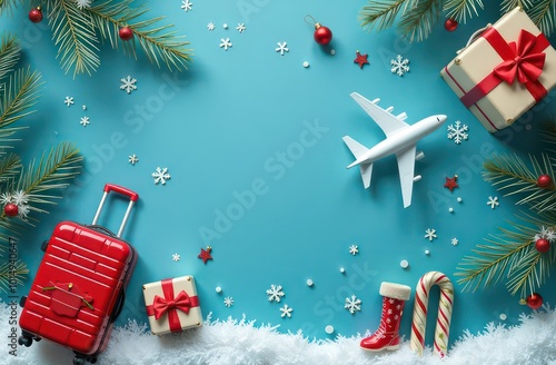 Small airplane and suitcases on christmas background, top view, space for text