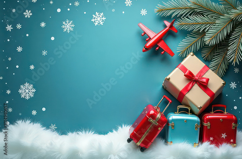 Small airplane and suitcases on christmas background, top view, space for text