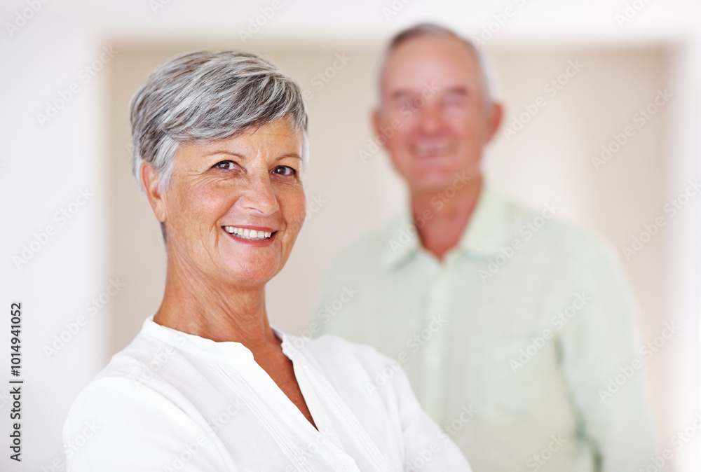 Home, senior woman and happy in portrait for retirement, comfort and confidence with positive attitude. Elderly couple, female person and old man in marriage for commitment, connection and bonding Home, senior woman and happy in portrait for retirement, comfort and confidence with positive attitude. Elderly couple, female person and old man in marriage for commitment, connection and bonding