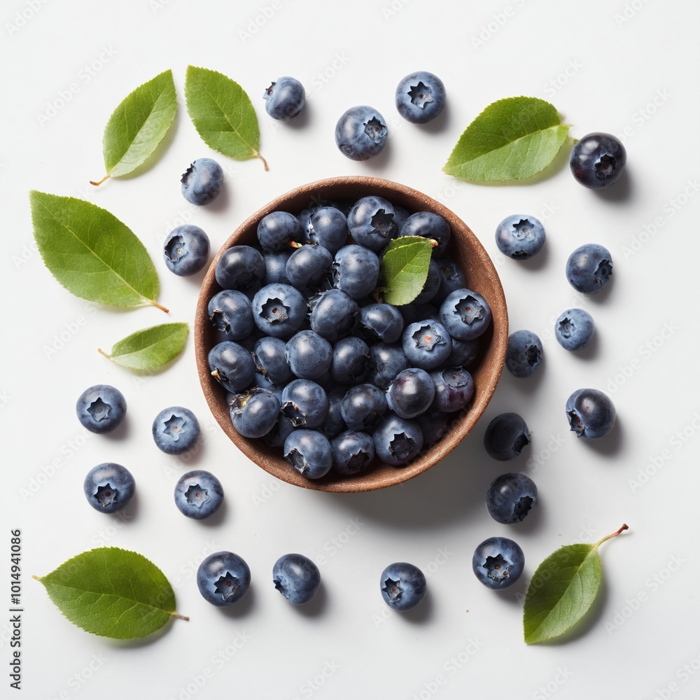 Raw blueberry in bowl with green leaves on white. Top view flat lay Raw blueberry in bowl with green leaves on white. Top view flat lay