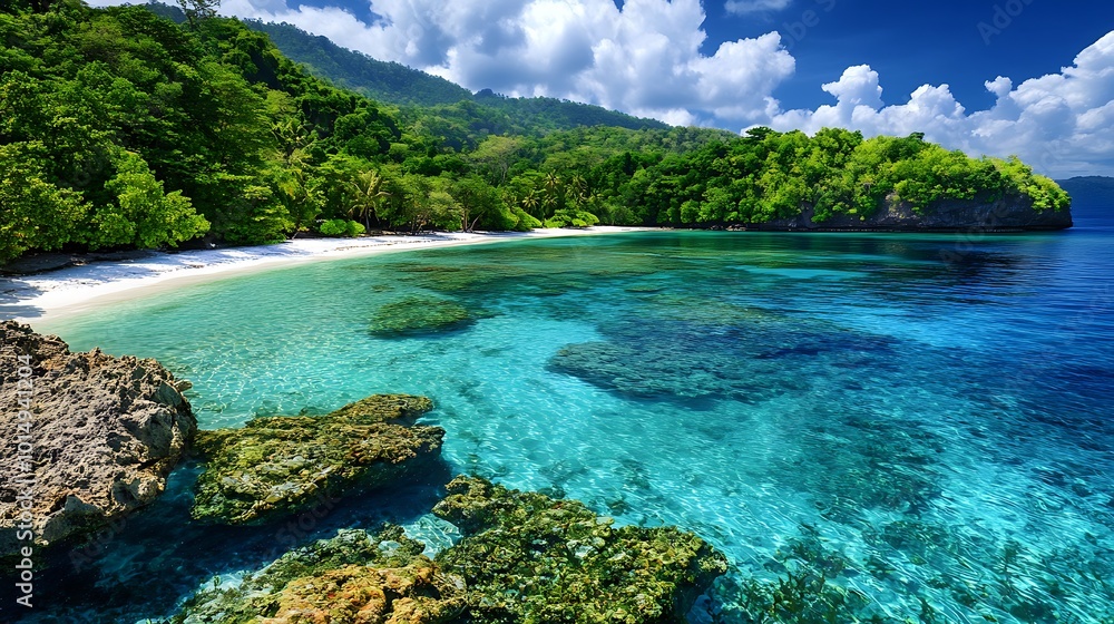 A stunning view of a crescent-shaped beach on a small island, with crystal-clear waters, colorful coral reefs visible beneath the surface, and a dense jungle in the background A stunning view of a crescent-shaped beach on a small island, with crystal-clear waters, colorful coral reefs visible beneath the surface, and a dense jungle in the background