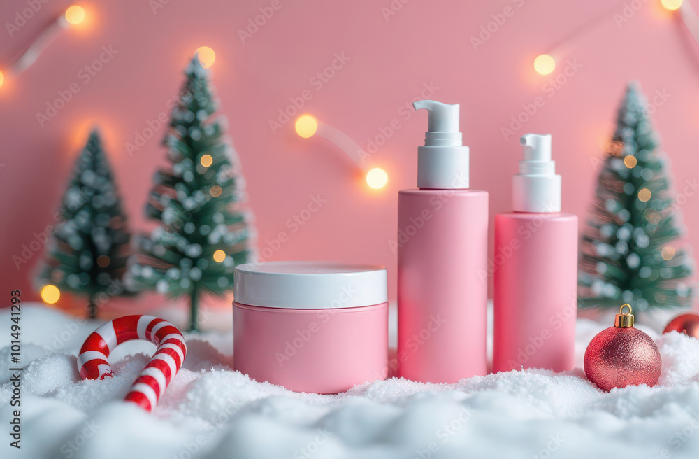 Blank Cosmetic product branding mock up, face wash pink tube, pink cream tube. isolated on pink festival background. Merry christmas, sale, New Year Blank Cosmetic product branding mock up, face wash pink tube, pink cream tube. isolated on pink festival background. Merry christmas, sale, New Year