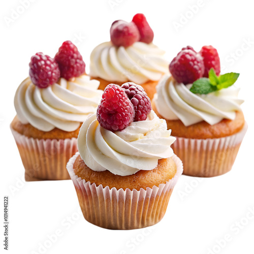 Cupcakes with raspberries on top on transparent background