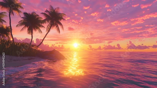 A stunning sunset over an island beach with the sun casting golden reflections on the water, palm trees swaying in the breeze, and the sky painted in hues of orange, pink, and purple 