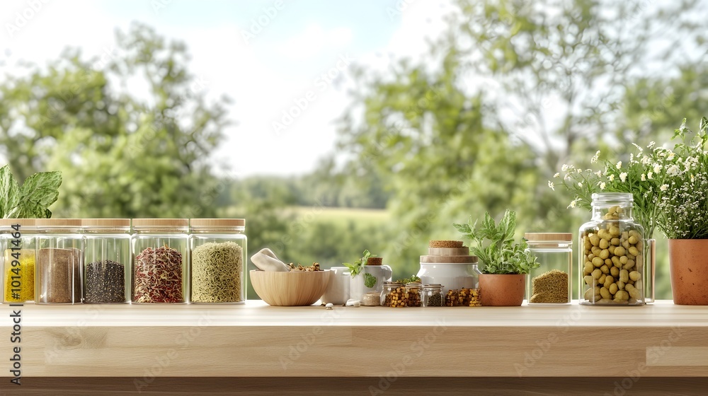 Rustic Kitchen Ingredients with Herbs and Spices on Wooden Table Rustic Kitchen Ingredients with Herbs and Spices on Wooden Table