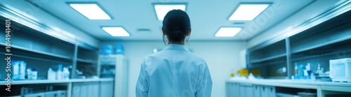 A scientist in a lab coat stands in a lab with shelves, looking out towards the back of the room.