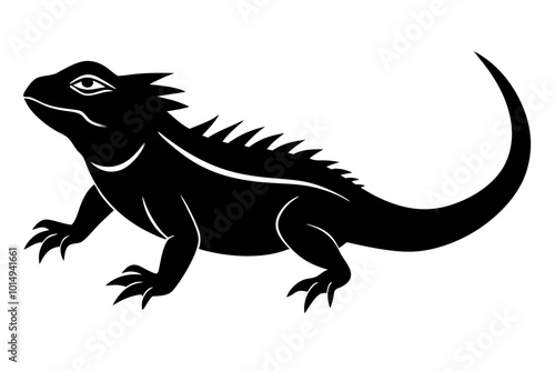 Silhouette of a Small Lizard-like Tuatara Reptile with a Spiny Crest Vector Illustration