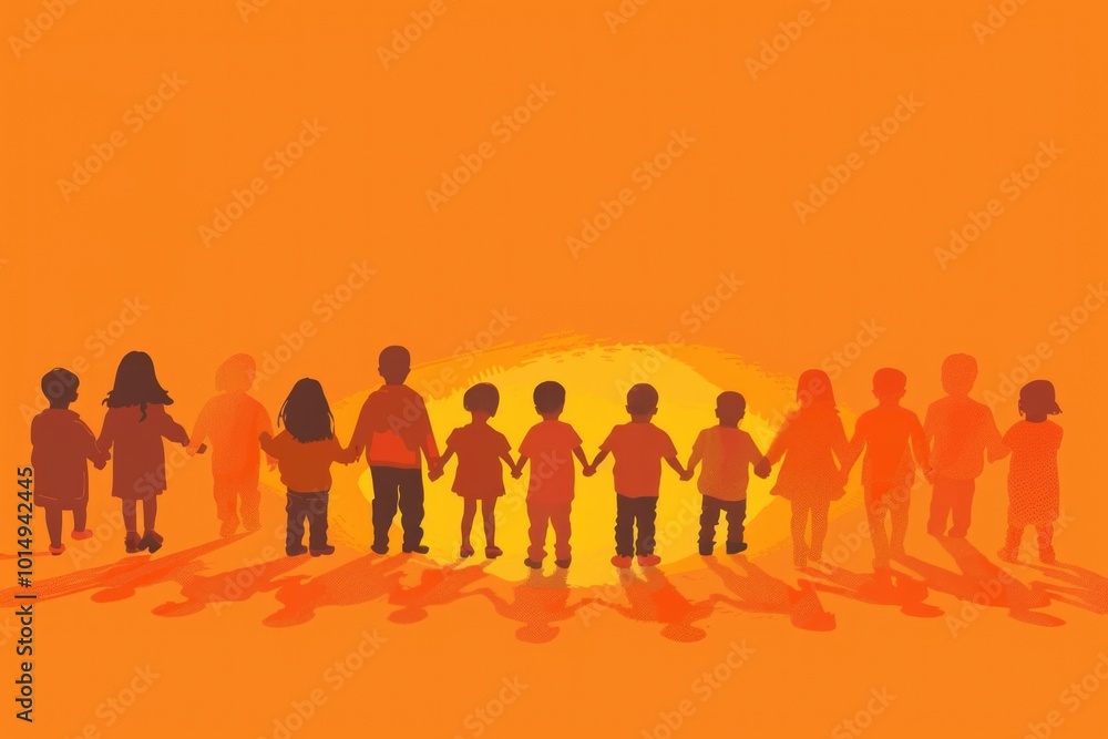 A group of people standing together, holding hands and facing the sun A group of people standing together, holding hands and facing the sun