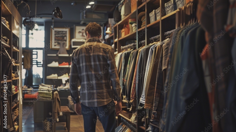 A person browsing racks of clothes in a retail store A person browsing racks of clothes in a retail store