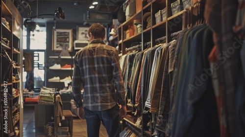 A person browsing racks of clothes in a retail store