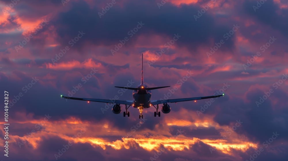 A plane flying high in the evening sky with a warm orange glow A plane flying high in the evening sky with a warm orange glow
