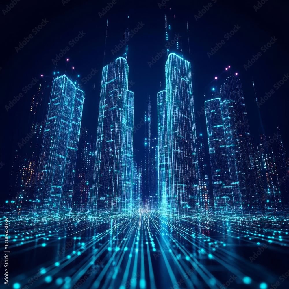 skyscrapers made of digital lines and dots skyscrapers made of digital lines and dots