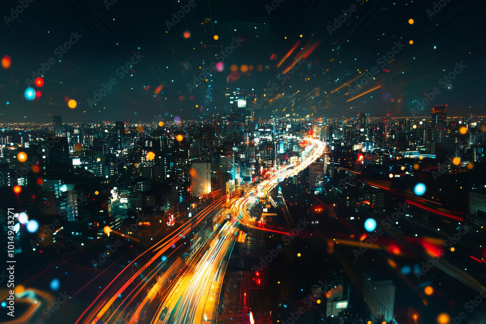 Fototapeta premium Futuristic cityscape at night with vibrant light trails and colorful bokeh. High-tech urban scene showcasing energy, speed, and movement in a modern metropolis illuminated by city lights