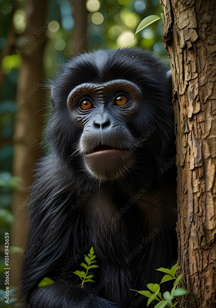 Obraz premium Black Monkey in Forest with Satirical Humor