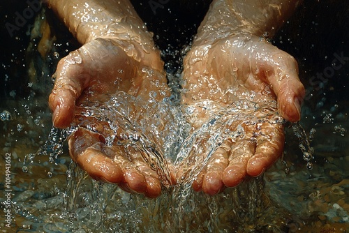 Jesus, hands in water, pouring out the stream of pure living waters to show that he is the source and life for all people photo