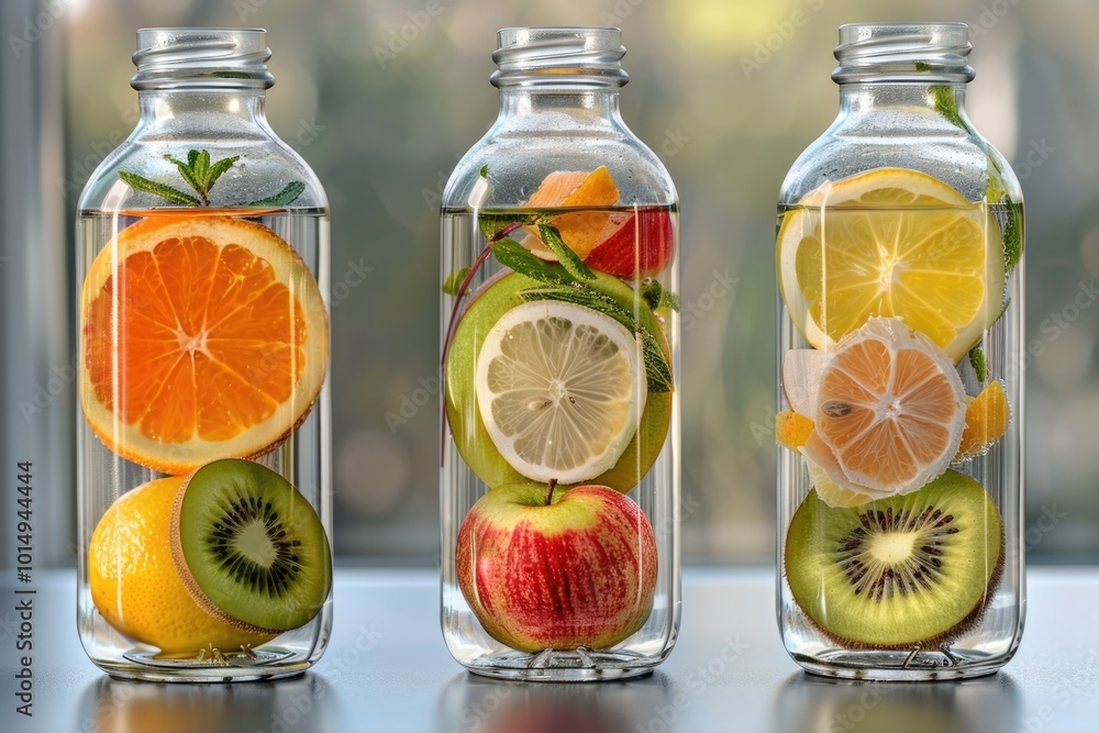Three glass jars containing different fruits Three glass jars containing different fruits