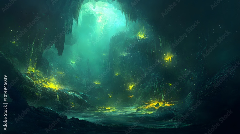 Obraz premium Mysterious Glowing Underwater Cave Landscape