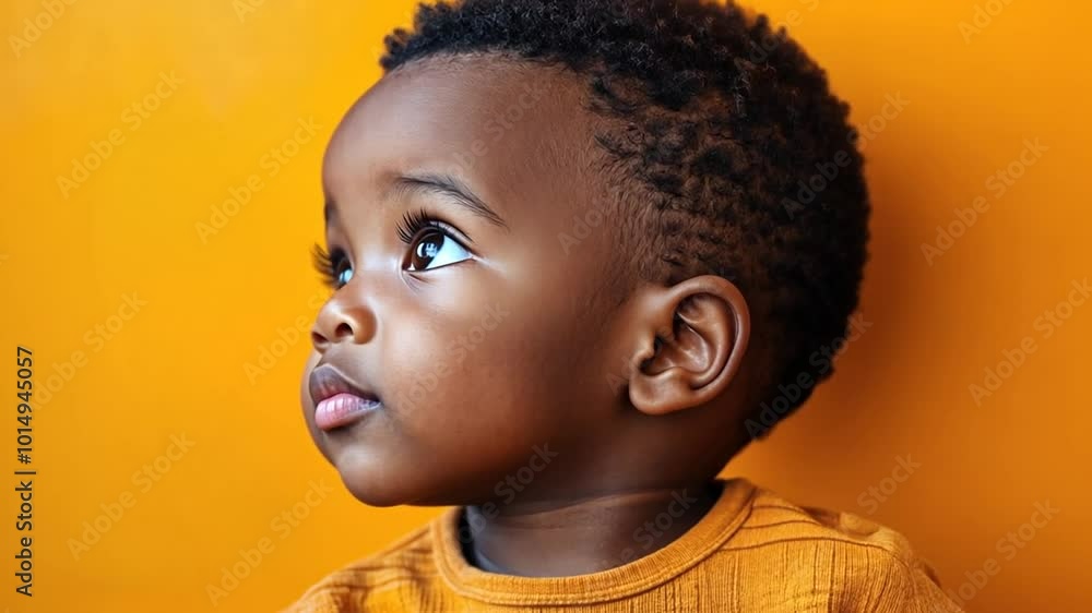 Child Smiling Upwards Against an Orange Background Generative AI Child Smiling Upwards Against an Orange Background Generative AI