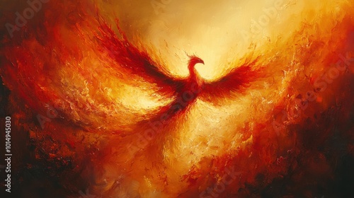 Fototapeta Naklejka Na Ścianę i Meble -  Dynamic oil ink art of a phoenix rising in vibrant reds and yellows positioned from a wide-angle to capture the movement and energy in the piece 