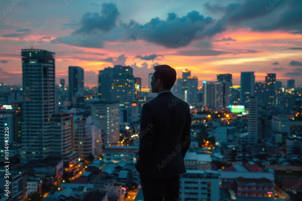 A person stands on the rooftop, taking in the cityscape A person stands on the rooftop, taking in the cityscape