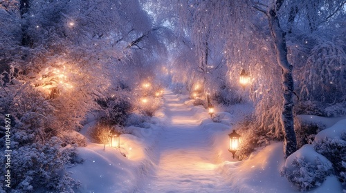 Enchanted Snowy Path with Glowing Lanterns at Twilight