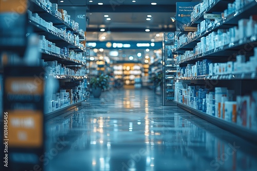 Pharmacy store, shelves with medicines, pharmacy business store, demonstration of different types of prescription drugs, blurred image