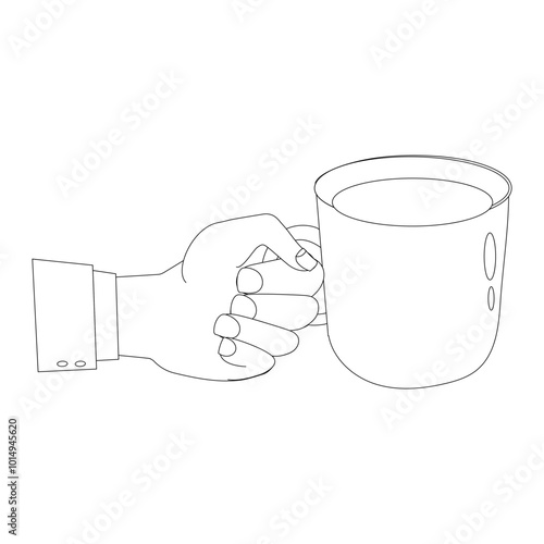 Line art of Hand holding plastic cup of Coffee drink, Coffee cup in hand. Minimalist line illustration of hand gripping a coffee cup