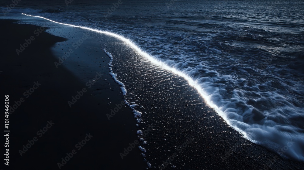 Fototapeta premium Nighttime beach scene with waves gently touching the shore, illuminated by moonlight