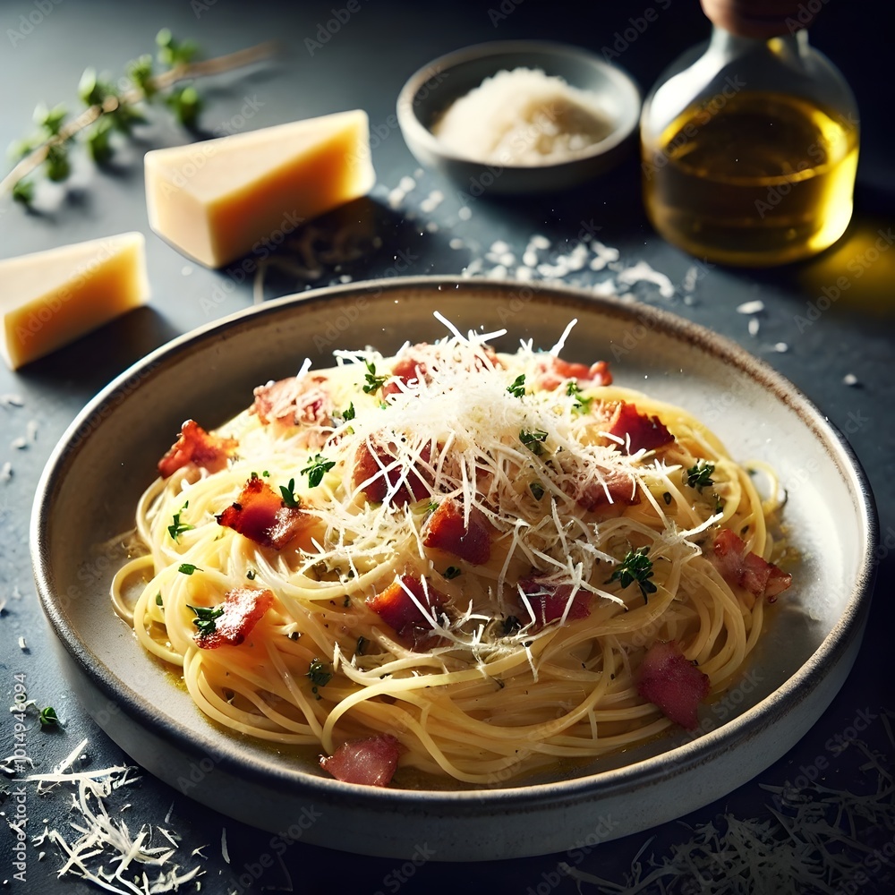 Classic Spaghetti Carbonara with Crispy Pancetta, Parmesan, and Fresh Herbs in Dramatic Lighting Classic Spaghetti Carbonara with Crispy Pancetta, Parmesan, and Fresh Herbs in Dramatic Lighting