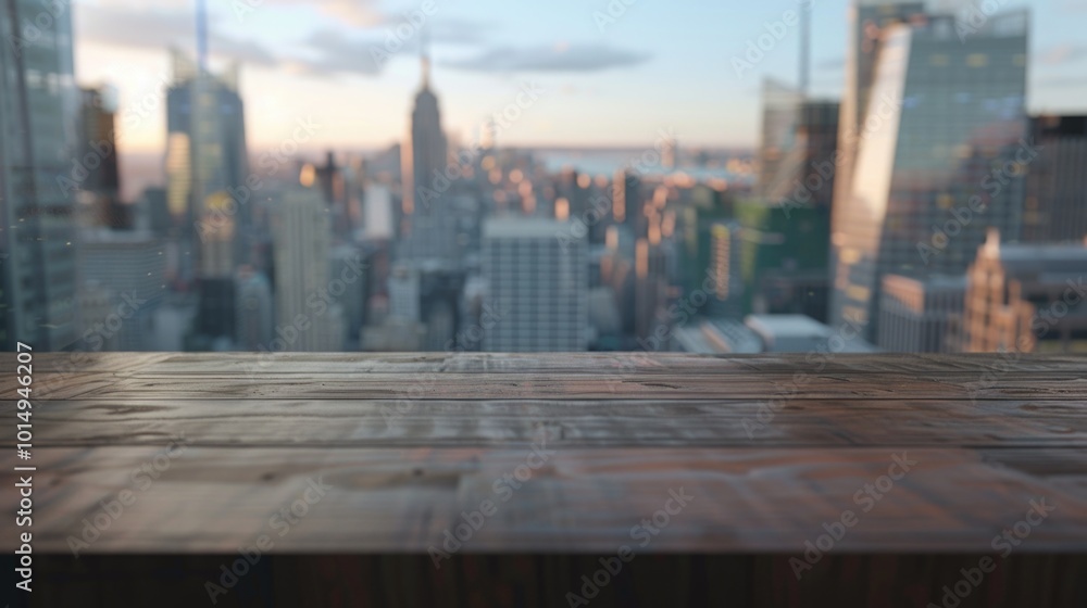 A wooden table with a great view of the city, perfect for a cafe or office setting A wooden table with a great view of the city, perfect for a cafe or office setting