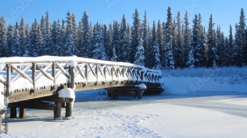 Winter Wonderland: Snow-Covered Wooden Bridge in Serene Forest