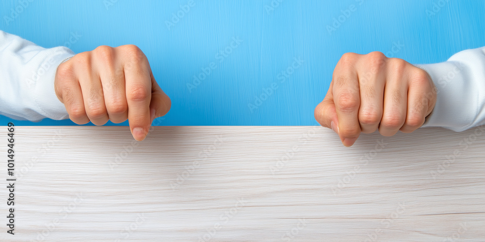 Two hands gently tapping a light wooden surface against a bright blue background Two hands gently tapping a light wooden surface against a bright blue background