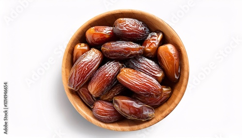 Bowl of pitted dates isolated on white background, top view