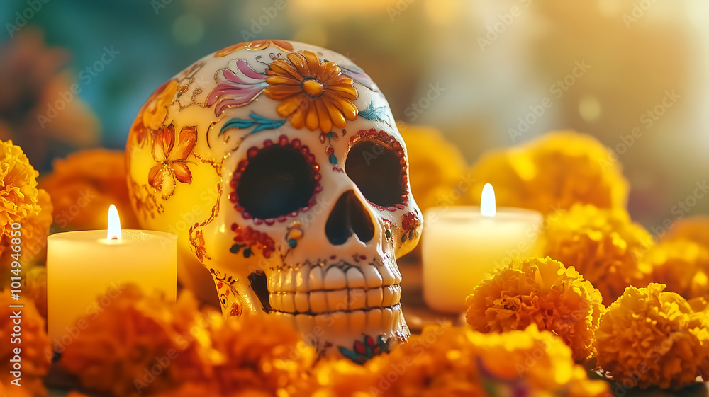 beautifully decorated sugar skull surrounded by vibrant marigold flowers and glowing candles creates warm and festive atmosphere. This scene captures essence of celebration and remembrance beautifully decorated sugar skull surrounded by vibrant marigold flowers and glowing candles creates warm and festive atmosphere. This scene captures essence of celebration and remembrance