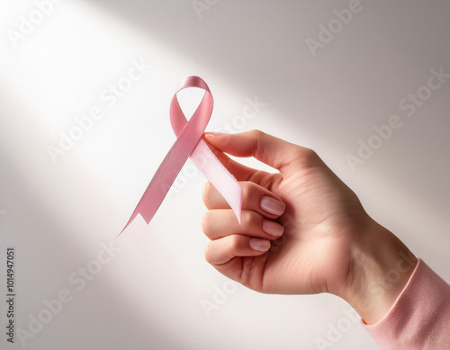 Mano de mujer con el lazo de lucha contra el cancer de mama por campaña mundial de prevención, concienciación y esperanza en la lucha solidaria por la salud femenina