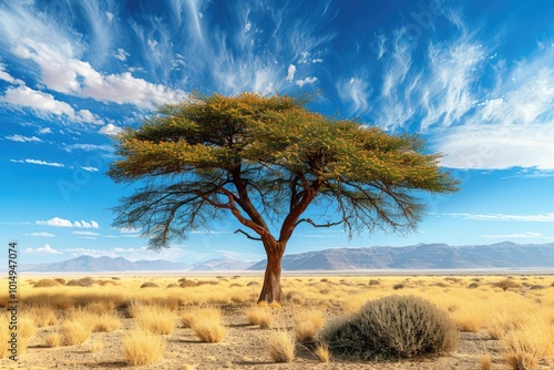 A solitary tree stands tall in the vast desert landscape, its branches reaching for the sky