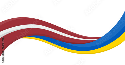 Wavy ribbon banner of Ukraine National flag with Latvia National Flag. Unity and cooperation symbol. Logo for charity social events, NGO, sports team, peace summit. Vector illustration.