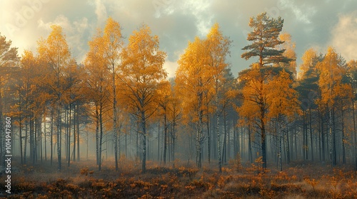 Golden Autumn Forest Landscape with Fog and Sunlight