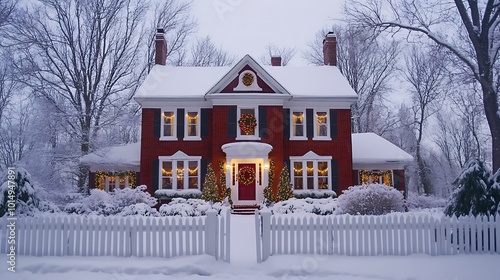 A red brick house with a white picket fence and a snowy lawn is decorated for Christmas. photo