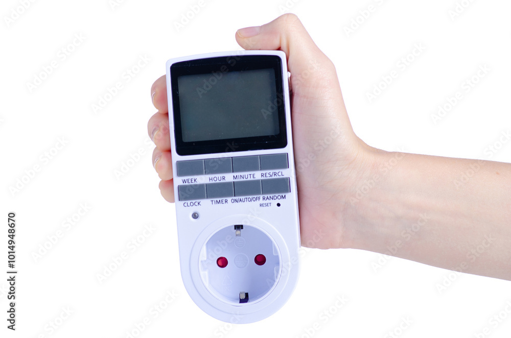Electronic Digital Timer Switch Socket Kitchen Timer in hand on white background isolation Electronic Digital Timer Switch Socket Kitchen Timer in hand on white background isolation