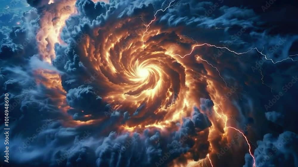 Begin aerial shot high rotating cyclone, calm eye powerful, dark storm clouds. Lightning bolts illuminate the swirling storm edges, 4k High-Quality background Animation Video Begin aerial shot high rotating cyclone, calm eye powerful, dark storm clouds. Lightning bolts illuminate the swirling storm edges, 4k High-Quality background Animation Video