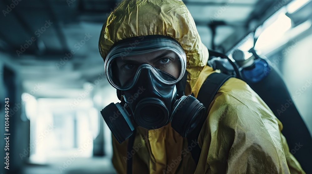 Protective suit and gas mask close-up shot. Protective suit and gas mask close-up shot.